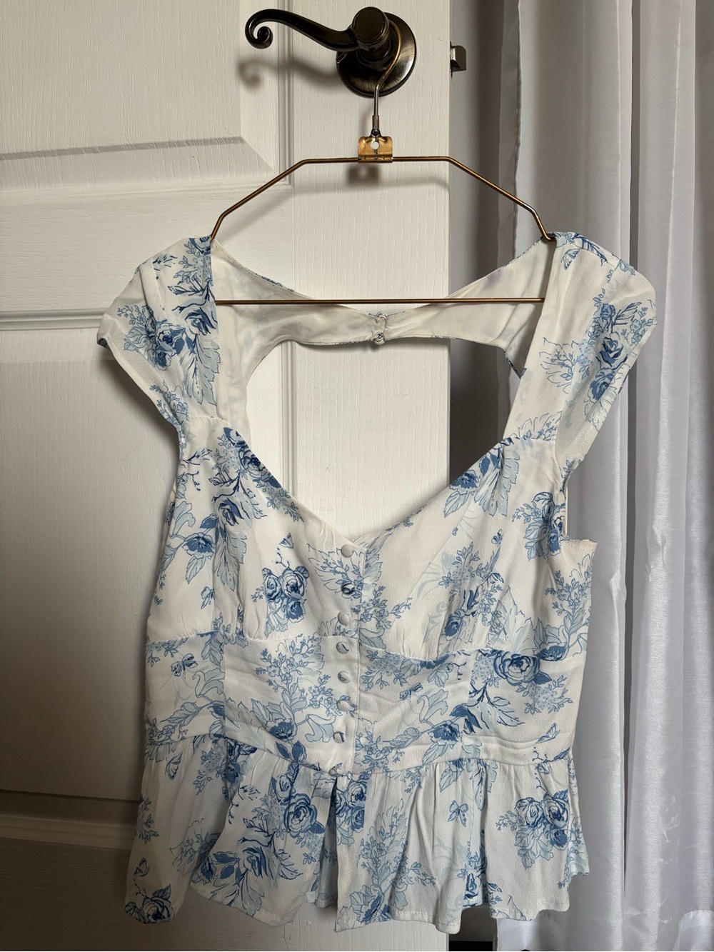 White and Blue Floral Peplum Blouse